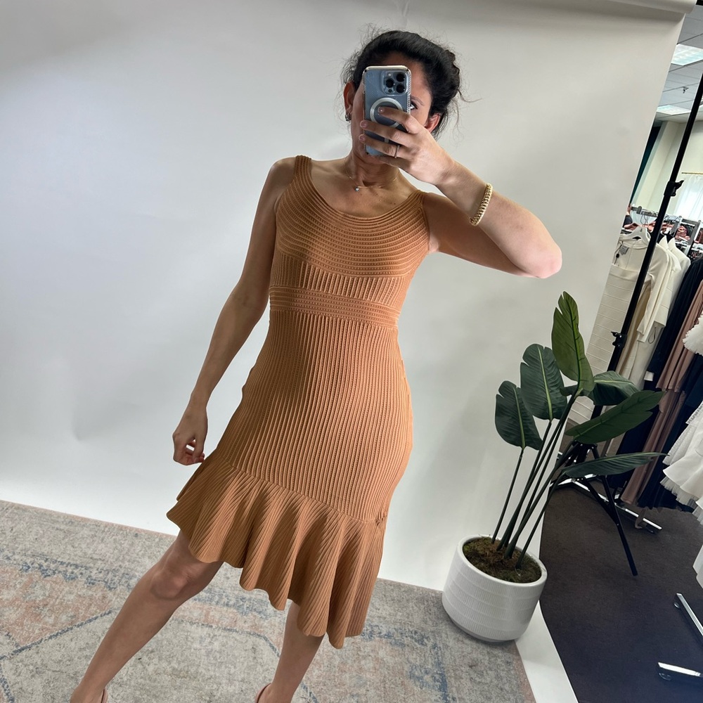 Sleeveless Knit Ruffle-Hem Dress in Camel